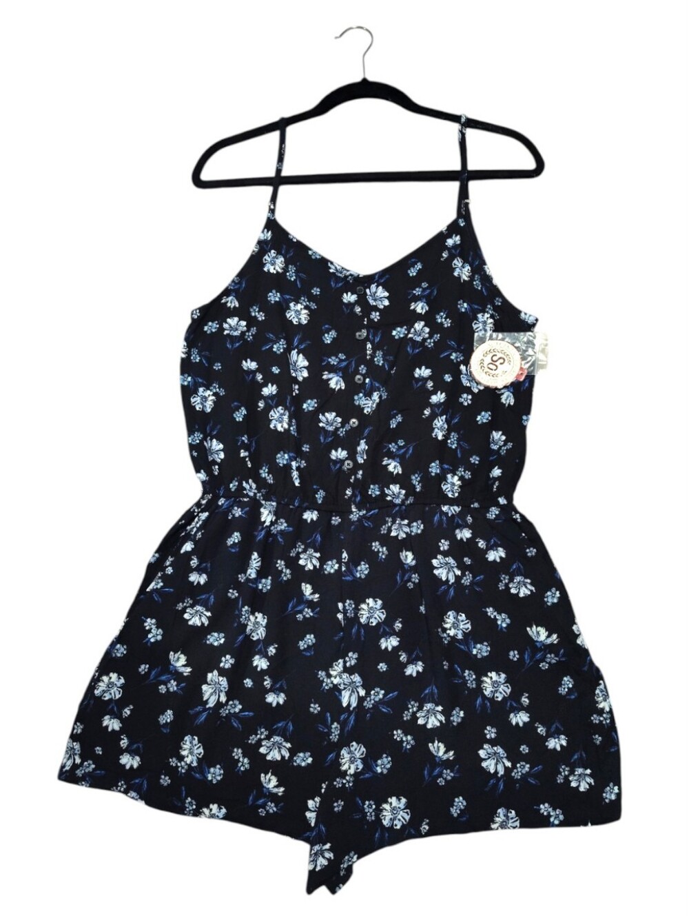 🆕️ SO Spaghetti Strap Romper Black- Blue & White Floral Size Medium